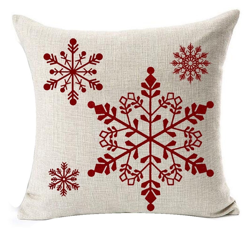 Andreannie Set of 4 Throw Pillow Cover Christmas Beige Shadow Let It Snow Snowflakes Red Cotton Linen Throw Pillow Case Cushion Cover for Sofa Bed Couch Home Decor Square 18 X 18 Inches(Blood Red) - Image 4